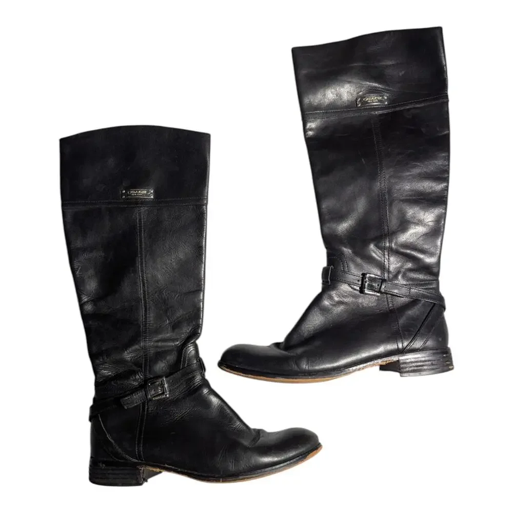 Coach Micha Black Leather Knee High Flat Sole Equestrian Riding Boots Sz 9